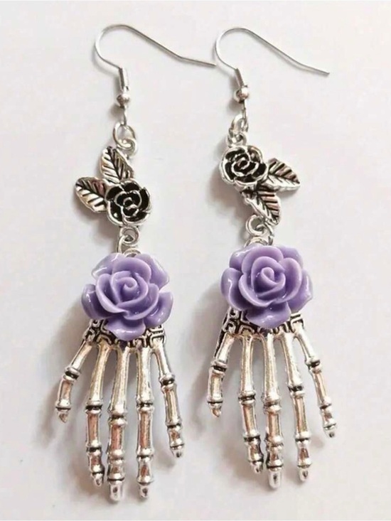 Jewelry - Gothic Skull Hand Earrings Purple Rose Flower - Unique - NEW